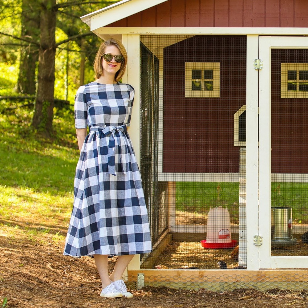 Navy gingham midi dress